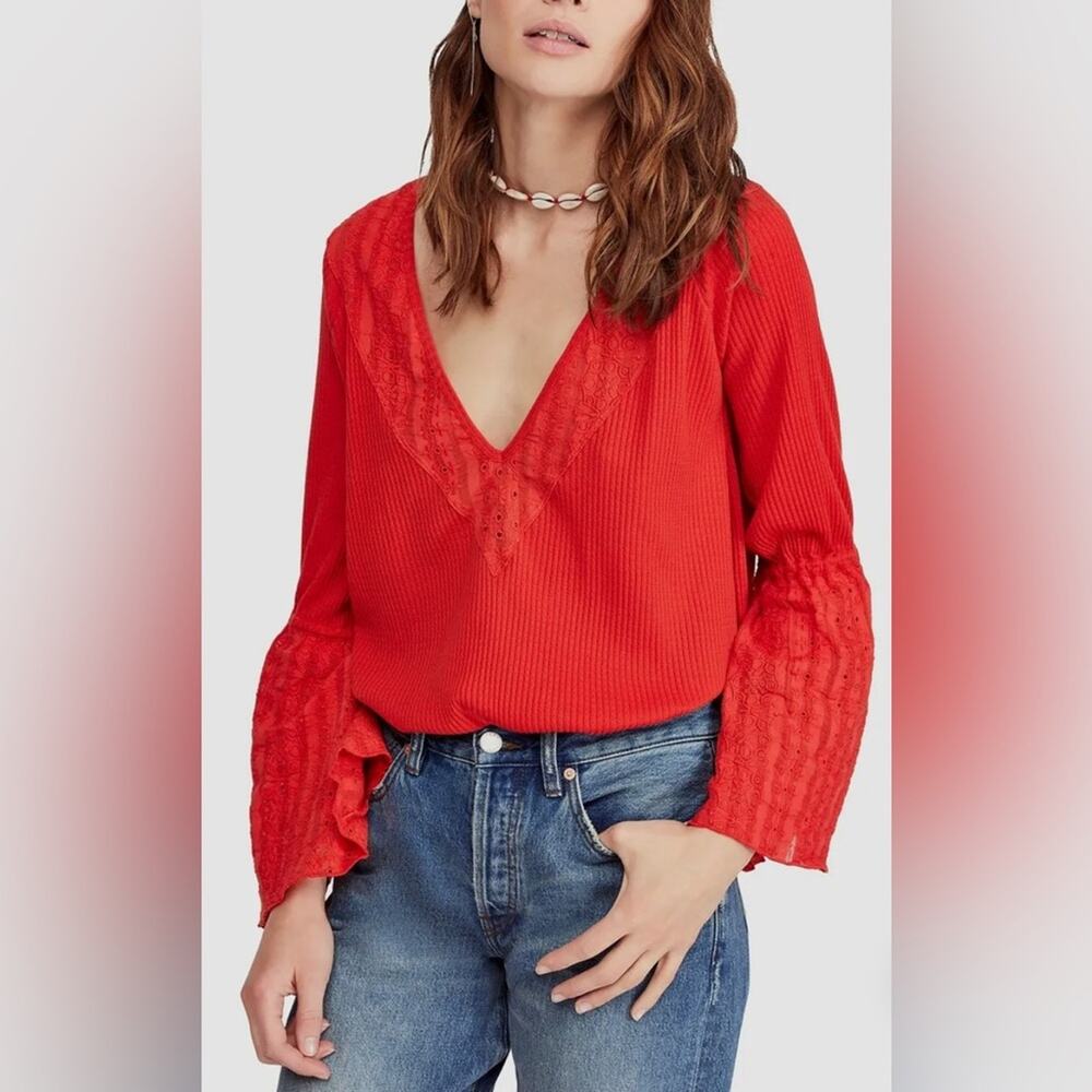 NWT Free People Parisian Nights Top in Vermillion Red Ribbed Eyelet Blouse Med